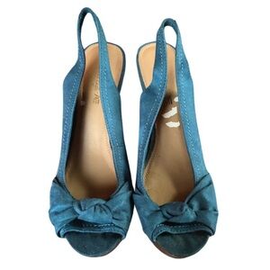 American Eagle Wedge Heels Blue Aqua Turquoise Open Peep Toe Retro Suede Size 11